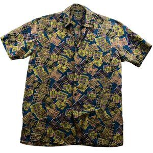Vintage Robert Stock Mens Shirt Large Short Sleeve Button Up Geo Hippie Casual